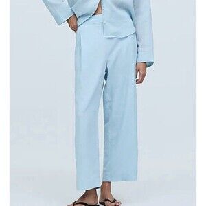 MADEWELL Pull-On Straight Crop Pants‎ Linen Blend Blue Heron Women's 14 NWT